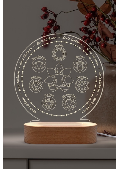 Yoga Çakra Sembollü Kişiye Özel Ledli Gece Lambası Masif Ahşap Tabanlı Usb Kablolu Pleksi Led Gece Lambası