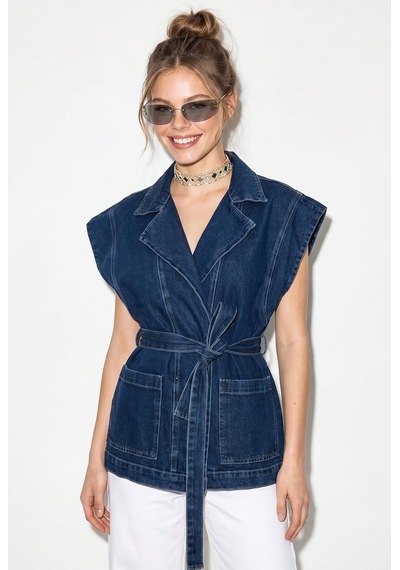 Shade Kadın Kuşak Bağlamalı Cepli Kruvaze Yaka Denim Yelek 3551 60286226 - Lacivert