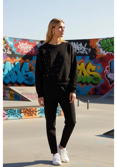 Benerly Kadın Bisiklet Yaka Düşük Kol Regular Örme Sweatshirt Fonksiyonel siyah