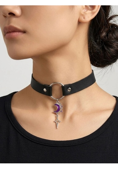 Ay Yıldız Detaylı Choker Kolye Kadın Gotik Boyunluk Kolye Alternatif Moda Yaka Kolyesi Punk Ve Cosplay Aksesuarı Mor