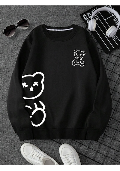 Startmore Ayıcık Baskılı Üç İplik Kalın Bisiklet Yaka Unisex Oversize Sweatshirt Siyah