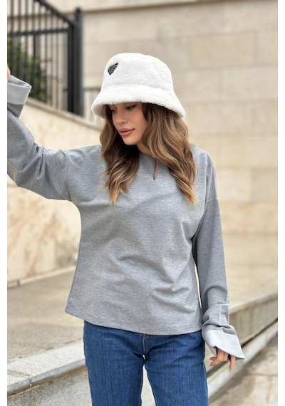 WeShaya Kadın Gri Uzun Kol, Duble Manşet, Yırtmaçlı Yaka, Salaş Sweatshirt Bluz Gri