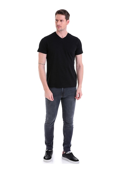 Hatemoğlu Siyah Düz Slim Fit 100% Pamuk V Yaka Tişört Siyah
