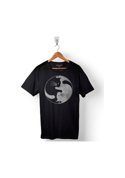 Ying Yang Black Hipster Cat Kara Kedi Baskılı Tişört Unisex T-shirt 001