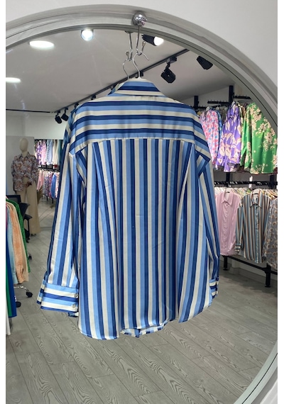 Pera Moda Kadın Salaş Oversize Desenli Saten Gömlek Mavi