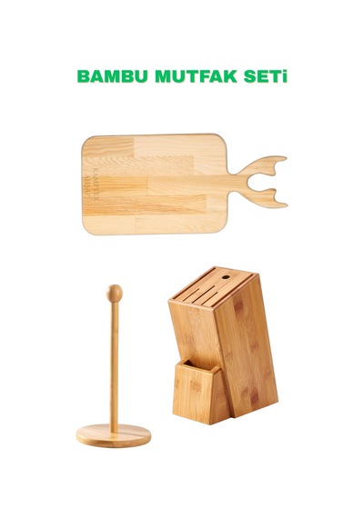 Kamptek %100 Doğal Bambu 3'lü Mutfak Seti - Kesme Tahtası, Bıçaklık Standı & Havlu Peçetelik Düzenleyici Ahşap Rengi