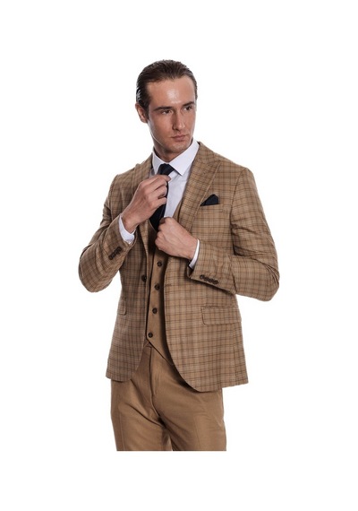 Wessi Ekose Ceketli Slim Fit Taba Erkek Takım Elbise Taba