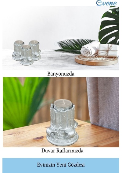 Eskitme Mumluk Şamdan 3 Adet Tealight Uyumlu Tarihi Sütun Model - Gümüş