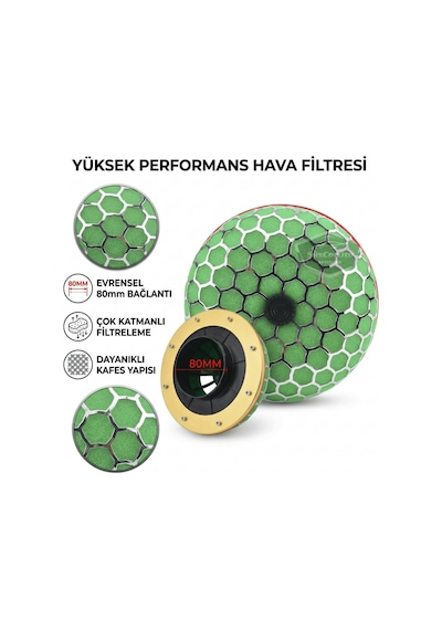 Hks Universal Performans Ve Ses Arttırıcı Aparatlı Açık Hava Filtresi +6 Hp Yeşil Mantar Tip 80 Mm