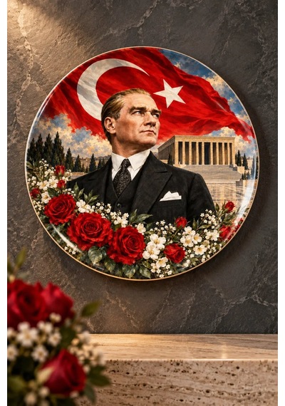 Dekoratif Duvar Tabağı Atatürk, Bayrak Ve Çiçekler Dekorlu Seramik Tabak Mavi