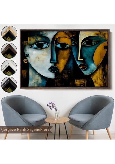 Ahşap Çerçeveli Soyut Yüzler Tablosu-7221