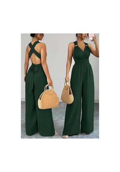 Meridefashion Kadın Askılı Halka Detaylı Arkadan Çapraz Yazlık Tulum S/m Çok Renkli