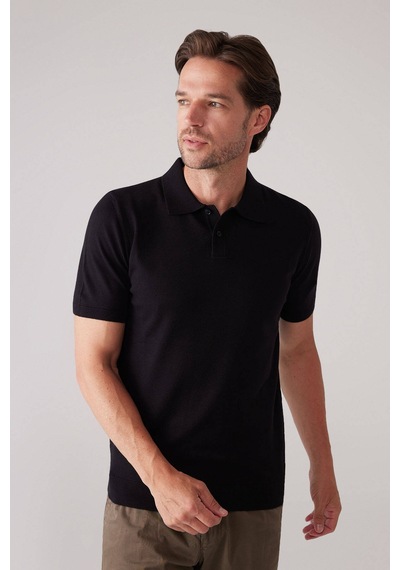 Erkek Siyah Slim Fit Kaşmir Karışımlı Polo Yaka Tişört
