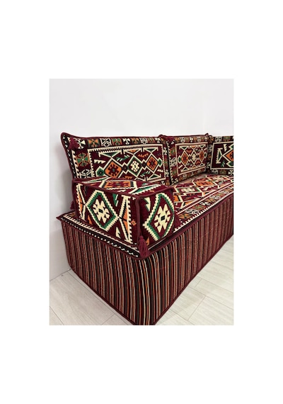 40 Cm Yüksek Minderli Otantik Şark Köşesi Takımı Bordo Anadolu Modeli 9 Parça