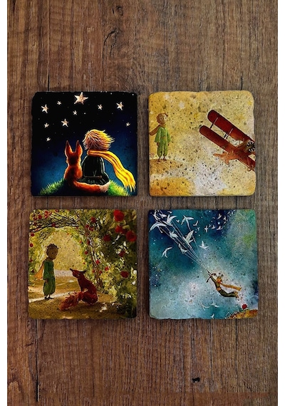 Taş Bardak Altlığı Küçük Prens Baskılı Baskılı 4'lü Set - Stone Coasters Çok Renkli