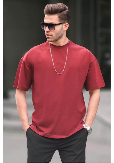 Madmext Erkek Bordo Oversize Fit Basic Tişört 6066-bordo Bordo