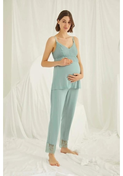 Monamise 18469 Yeşil Hamile Lohusa 3'lü Pijama Sabahlık Tk 001
