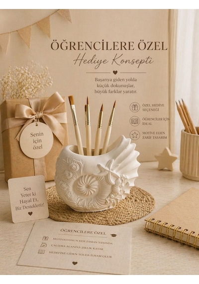 Dekoratif Deniz Kabuğu Kabartmalı Fırçalık/ Kalemlik / Mini Saksı Düzenleyici Beyaz