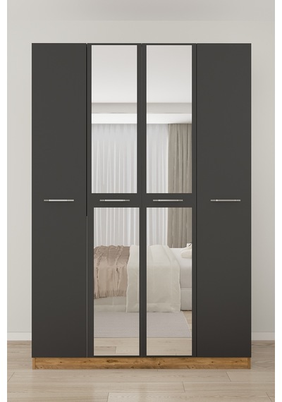 Aeka Ae-3191 Burç Aynalı 4 Kapaklı Çok Bölmeli Askılı Raflı Ve Çekmeceli 210x140x53cm Gardırop Çam - Antrasit