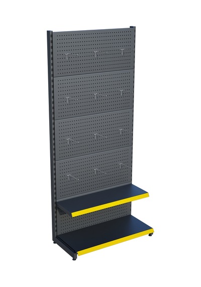 Antrasit Metal Delikli 2 Katlı Market Raf Sistemi Hırdavat Rafı G90cm Yükseklik H220 Cm Sarı