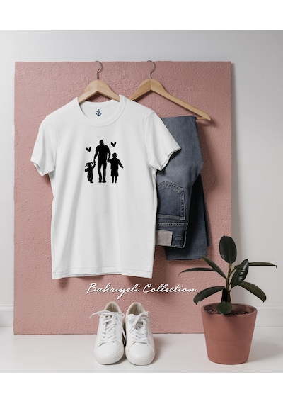 Bahriyeli Collection Oversize Babalar Günü Baba Ve Çocuklar Tasarımlı Unisex T-shirt Beyaz