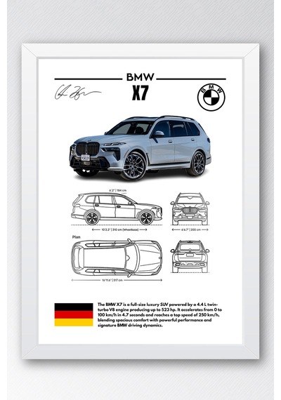 Bmw X7 Tablo - Teknik Özellikli Alman Full-size Lüks Suv Poster - Çerçeveli Duvar Dekoru - Blueprint Beyaz