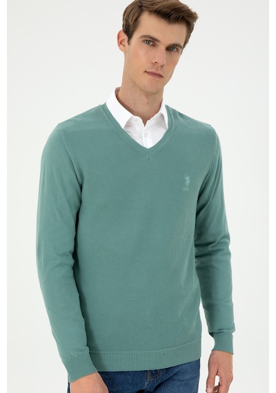 U.S. Polo Assn. Erkek Slim Fit V Yaka Mint Basic Kazak 50288886-VR090