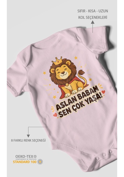 Morivokids Aslan Babam Sen Çok Yaşa Kısa Kollu Bebek Body %100 Pamuk Bebe Pembe