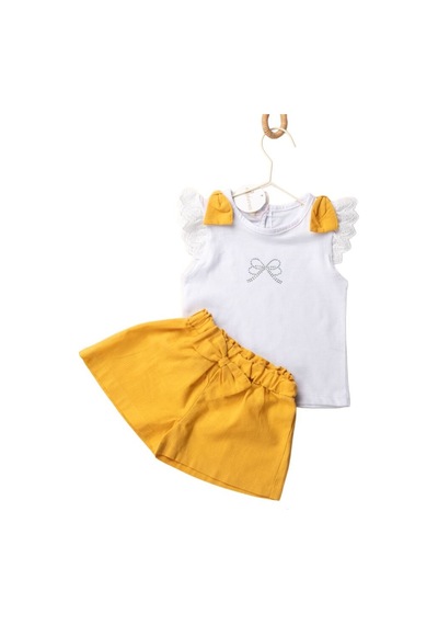 Novy Baby Fiyonklu Taş Baskılı Tshirt Şortlu Kız Çocuk 2'li Takım 2-5 Yaş
