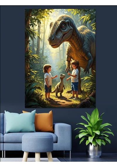 Ahşap Tablo Dinozorlarla Oynayan Küçük Çocuklar
