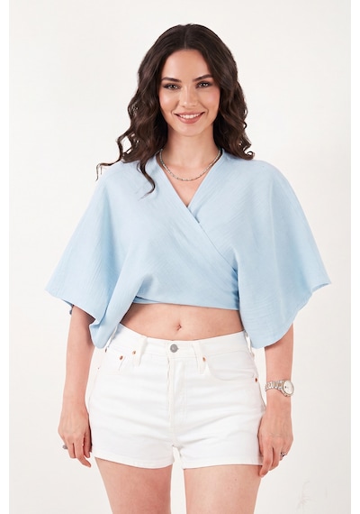 Lela Pamuklu Comfort Fit Bağlamalı Yarasa Kol Bolero Kadın Bolero 5866354 Mavi