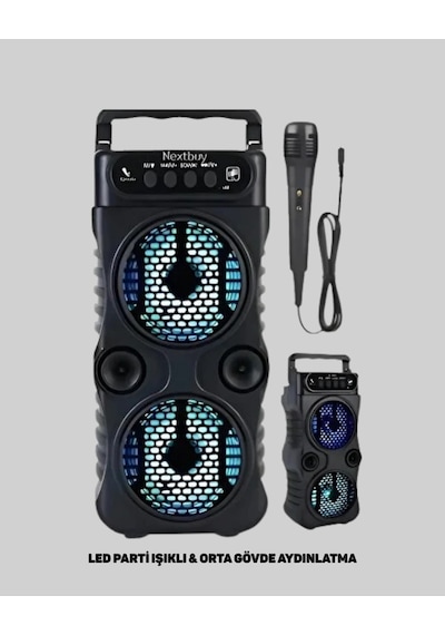 Bluetooth Bağlantılı Taşınabilir Hoparlör Led Işıklı, Fm Radyolu, Mikrofon Girişli -