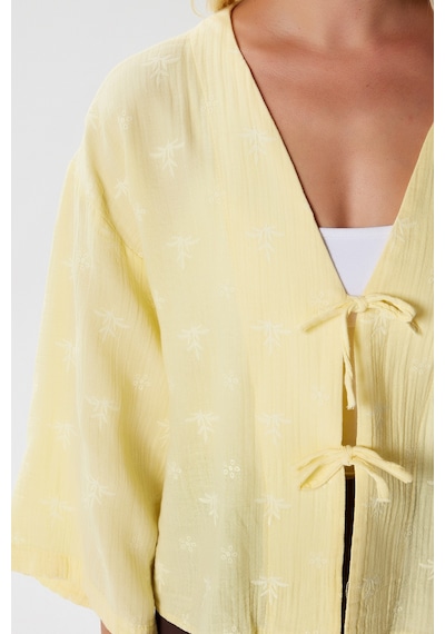 Ritnice Kadin Flora Müslin Kabartma Dokulu Sarı Kimono Sarı