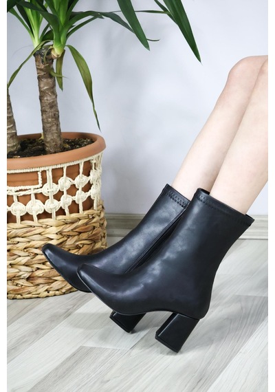 Asmi Shoes Kadın Siyah Cilt Lumos Küt Burun Topuklu Fermuarlı Bot Siyah Cilt Siyah