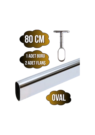 Metal Oval Krom Mobilya Dolap Askı Borusu Krom 80cm Oval 2 Adet Ayaklı Açık Flanş-1 Adet Boru Gri
