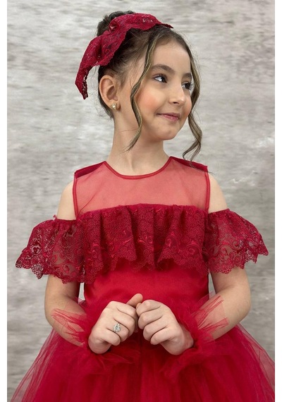 Riccotarz Kız Çocuk Yakası Transparan Omzu Açık Göğsü Ve Kolları Güpür İşlemeli Kırmızı Abiye 001