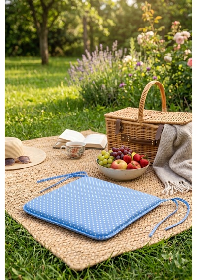 Comfort 4 Adet Sandalye Minderi Bağcıklı Özel Dikişli Süngerli Pamuklu Kumaş Sandalye Minderi Puanlı Mavi