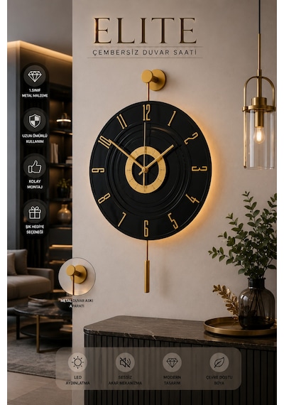 MetaQuartz Aksesuar Kardelen Gold Siyah Ledli 12 - 24 Duvar Saati Siyah - Gold