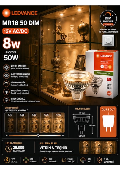 6 Adet Ledvance 12v Ac/dc 8w 50w Dimli 2700k Sarı Işık Gu5.3 Duylu Led Çanak Ampul