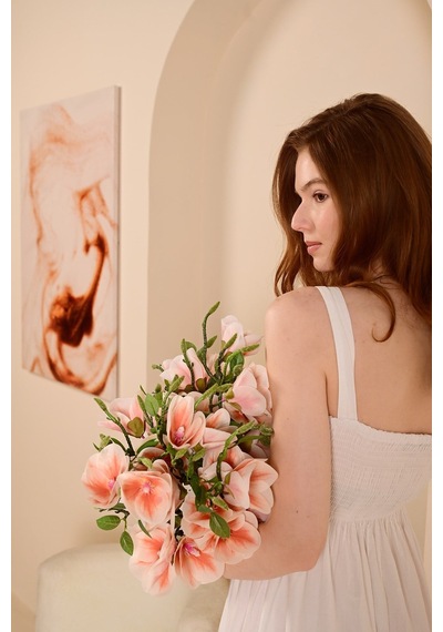 Somon Yapay Manolya Çiçeği 3 Dallı Premium Canlı Islak Dokulu 52 Cm