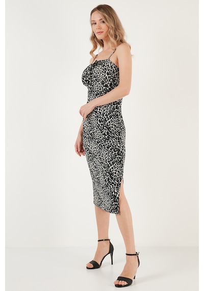 Lela Önü Büzgülü Ip Askılı Yırtmaçlı Fitted Midi Bayan Elbise 5865362 Leopar