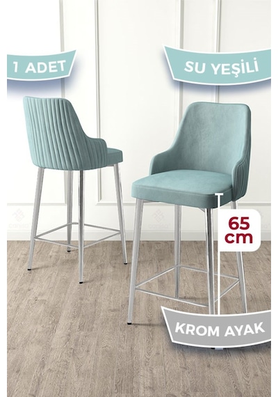 Canisa Tera Serisi 1 Adet Babyface Kumaş 65 Cm Krom Kaplama Ayaklı Su Yeşili Bar Sandalyesi Su Yeşili Sandalye Krom Kaplama Ayak