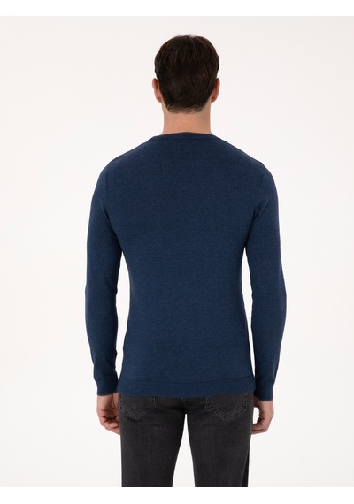 Cacharel İndigo Slim Fit Pamuk Karışımlı Bisiklet Yaka Triko Kazak Mavi