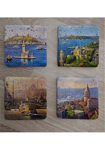 Galata Eminönü Kız Kulesi Ve Ortaköy Doğal Taş Bardak Altlığı 4'lü Set - Natural Stone Coasters - Taş Çok Renkli