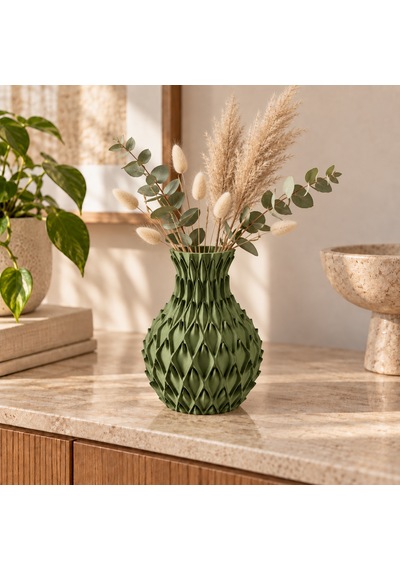 Yaprak Kabartmalı Dekoratif Vazo 20 Cm Kuru Çiçek Ve Pampas Vazosu Haki