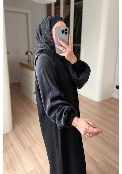 Kahijab Kendinden Desenli Yarım Balıkçı Merserize Elbise - Siyah