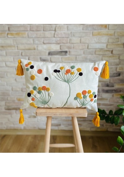 Swita Home Tekli Punch Işlemeli Çiçek Desen Kırlent Kılıfı Beyaz