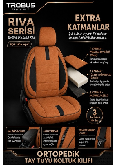 Citroen Berlingo 2004-2018 Uyumlu Riva Serisi 2+1 Ticari Taba Siyah Ortopedik Koltuk Kılıfı