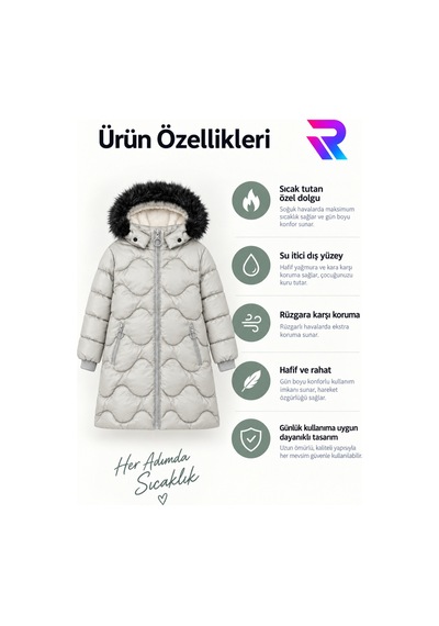 Regos Kız Çocuk Çıkarılabilir Kapüşonlu Kürklü Uzun Kapitone Şişme Kışlık Mont - Krem Krem