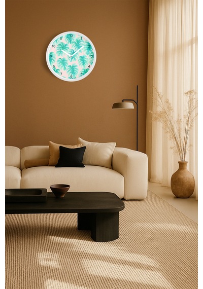 Palmiye Modern Tasarım Duvar Saati - 42cm - Önü Camlı Beyaz Kasa - Sessiz Mekanizma-jh0398 Beyaz